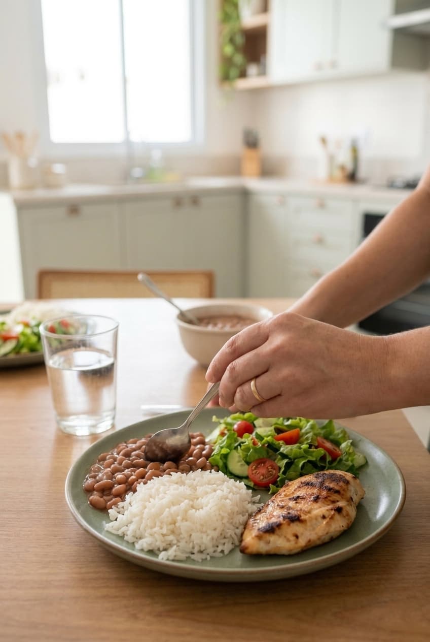 Mãos servindo feijão com uma colher num prato de arroz, salada e frango grelhado, sobre a mesa de uma cozinha clara